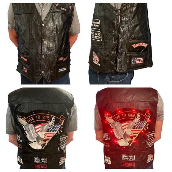 Black Leather Riding Vest Mens 2XL Biker Live To Ride PatchesEagle Lights Up